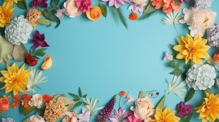 Obraz na płótnie Canvas summer flower flat lay frame on blue background with copy space - Generative AI
