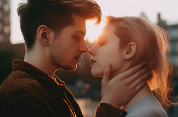 Couple in love facing near to each other with sunset background.