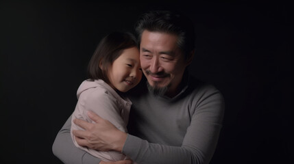 Asian dad and daughter in studio shot.
