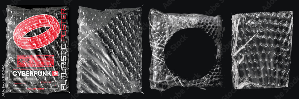 Aufkleber bubble wrap on a black background. torn bubble wrap plastic packaging texture overlay. mockup bubble