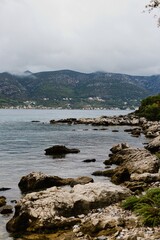 The coastline of the island of Korcula in southern Croatia and the view of the Peljesac peninsula.
