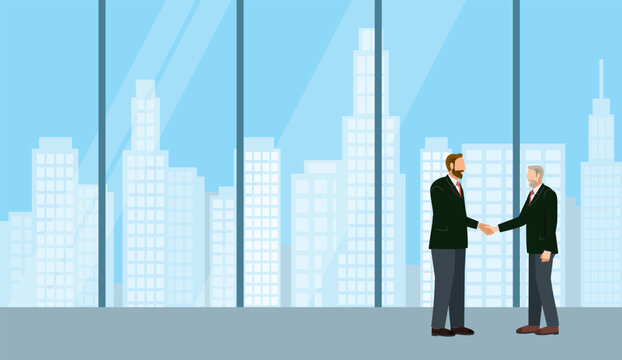 ビジネスの商談のイメージのイラスト。巨大なオフィスで握手をするビジネスマン