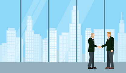 Obraz premium ビジネスの商談のイメージのイラスト。巨大なオフィスで握手をするビジネスマン