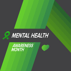 Mental Health Awareness Month social media banner with green ribbon isolated on grey background. Vector Mental Health month Poster, card, flyer and background.