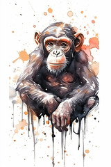 Watercolor Chimpanzee On Only White Background Minimalist Color Splash And Dripping  Generative Ai Digital Illustration Part#130423