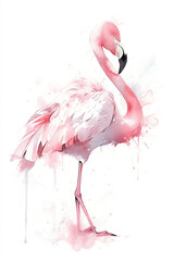 Watercolor Flamingo On Only White Background Minimalist Color Splash And Dripping  Generative Ai Digital Illustration Part#130423