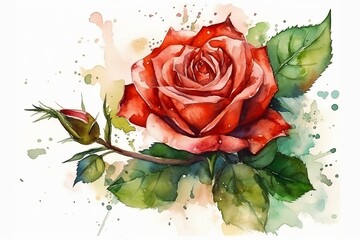 a beautiful water color illustration of single  red roses, red blush with green leaves, cards, prints, greetings,