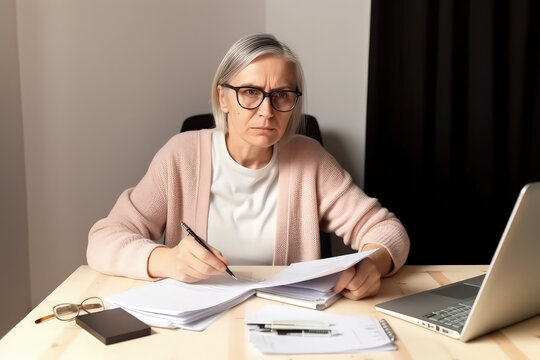 Middle-Aged Female Accountant in Eyewear: Remote Work for Outsourced Bookkeeping Services, Engaged in Financial Calculations and Paperwork. Generative AI