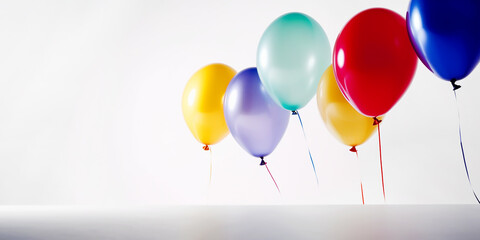 Colorful balloons on white background, 3d rendering.  A delicate assortment of pastel balloons floating against a white canvas, embodying softness and serene celebrations.