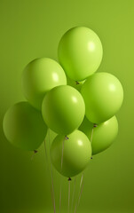 Green balloons on a green background. 3D rendering. Horizontal. A refreshing bunch of lime green balloons floating on a green background, bringing a burst of energy and natural vibrance to any party.