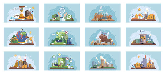 Fototapeta premium Saving the planet, World Environment Day. Planet Earth in smoke, plastic, garbage. Global warming set. Greenhouse effect of CO2. Eco activist. Ecological catastrophy. Earth with reasons of destroying