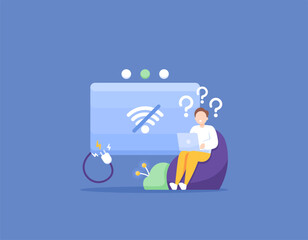 No internet connection, WiFi unavailable, the WiFi has no internet connection. a male user uses a laptop. confused because there is no wifi signal. problems and technology. illustration concept design