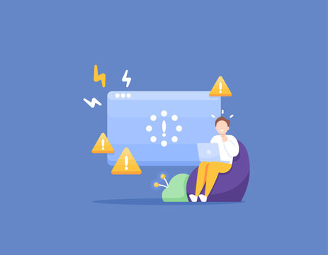 The system is damaged, an error occurs during the process, the laptop hangs or freezes. a male user panicked because his laptop was inoperable. using notebook. problems and technology. illustration