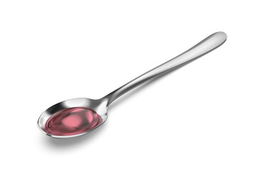 Pink cough syrup in silver spoon on white background
