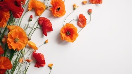 Flower composition. Red poppy flowers on white marble background. Flat lay. Top view. Wedding background. Festive concept. .Created with generative AI