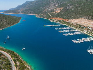 Fototapeta premium Summer Season in the Kas Beach and Marina Drone Photo, Kalkan Kas, Antalya Turkiye