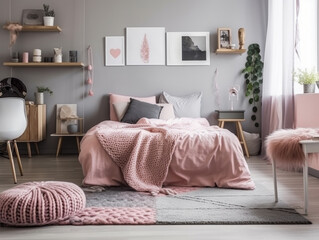 White hotel bedroom interior with pink, gray and gold accents such as a mirror, armchair or table Generative AI - obrazy, fototapety, plakaty