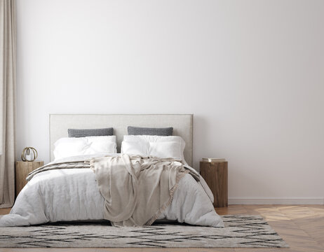 Home mockup, white cozy bedroom interior with double bed and white blank wall, 3d render