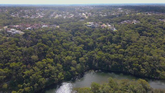 Aerial drone view of Barden Ridge in the Sutherland Shire, Sydney NSW showing Woronora River on a sunny day  
