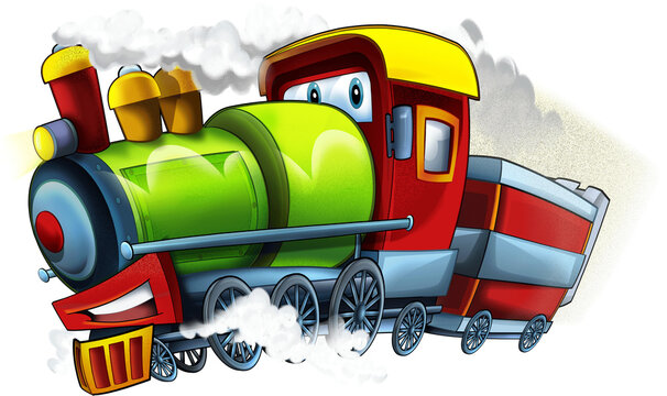 Cartoon funny looking steam train - isolated on white background - illustration for children