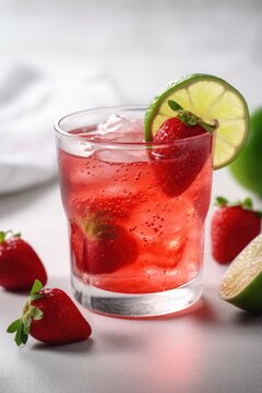 Strawberry fresh cocktail. Fresh summer cocktail with strawberry and ice cubes. Strawberry soda glass - Generative AI