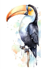 Watercolor Toucan On Only White Background Minimalist Color Splash And Dripping  Generative Ai Digital Illustration Part#130423