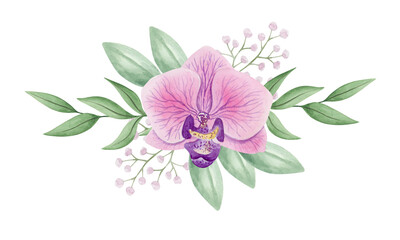 Floral arrangement for a wedding of orchids and greenery. Watercolor botanical hand drawn wedding decor illustrations. Wedding clipart element isolated on white background.