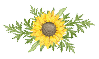 Flower arrangement for a wedding of sunflowers and greenery. Watercolor botanical hand drawn wedding decor illustrations. Wedding clipart element isolated on white background.