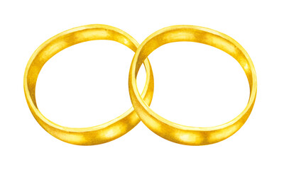 Gold couple wedding rings clipart. Watercolor hand drawn illustrations of jewelry. Individual illustration on a white background.
