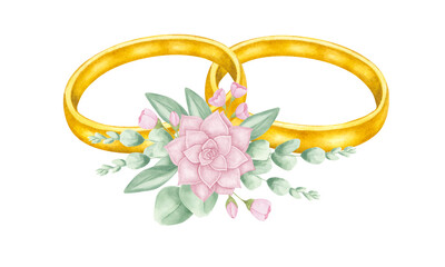 Golden pair wedding rings with floral decor. Watercolor hand drawn illustrations of jewelry. Individual illustration on a white background.