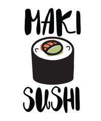 Naklejka premium Hand drawn avocado maki roll in line doodle style, Japanese cuisine.Isolated vector illustration.
