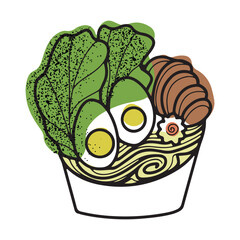 Hand drawn Japanese cuisine ramen soup with noodles, isolated vector illustration in line doodle design