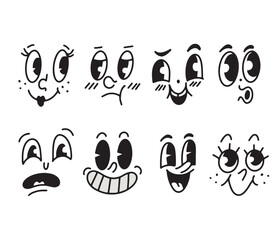 Hand drawn set with cute faces in vintage style, line doodle design. Isolated vector illustration