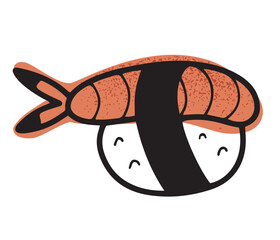 Hand drawn nigiri sushi with shrimp in line doodle style, Japanese cuisine. Isolated vector illustration.
