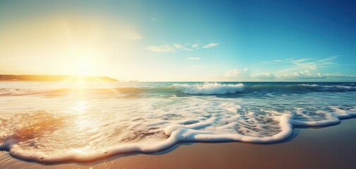 close up white foam waves crashing on fine sand beach, tropical island atmosphere, sun flare,  Generative Ai