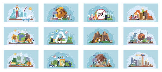 Fototapeta premium Toxic waste from human set. Industries create pollution and cities affected by pollution. Climate change cycle dried or dry cracked land suffering from drought. Weather global greenhouse warming risks