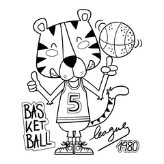 Illustration in black and white of a tiger basketball player spinning a basketball with his finger, retro drawing, coloring page