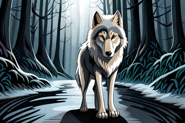 Wolf stands in forest on path.