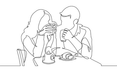 One continuous line. Young loving couple in a cafe. A man and a woman sit for coffee.