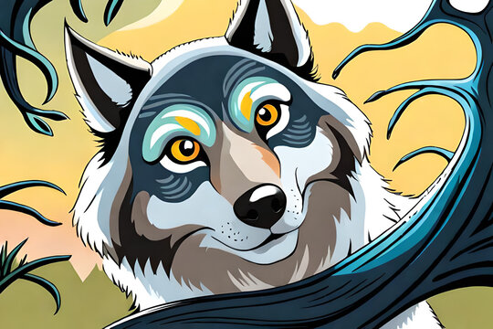 Close-up portrait of cute cartoon wolf.