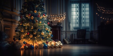 Naklejka na ściany i meble Christmas background. Decorated Christmas tree on blurred background. generative ai