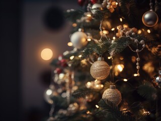 Obraz na płótnie Canvas Christmas background. Decorated Christmas tree on blurred background. generative ai