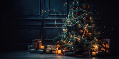 Christmas background. Decorated Christmas tree on blurred background. generative ai