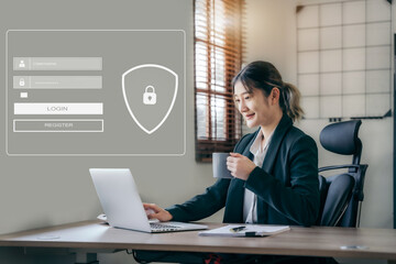 Business woman typing login and password in the concept of cyber security, information security,...