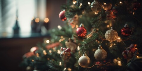 Fototapeta na wymiar Christmas background. Decorated Christmas tree on blurred background. generative ai