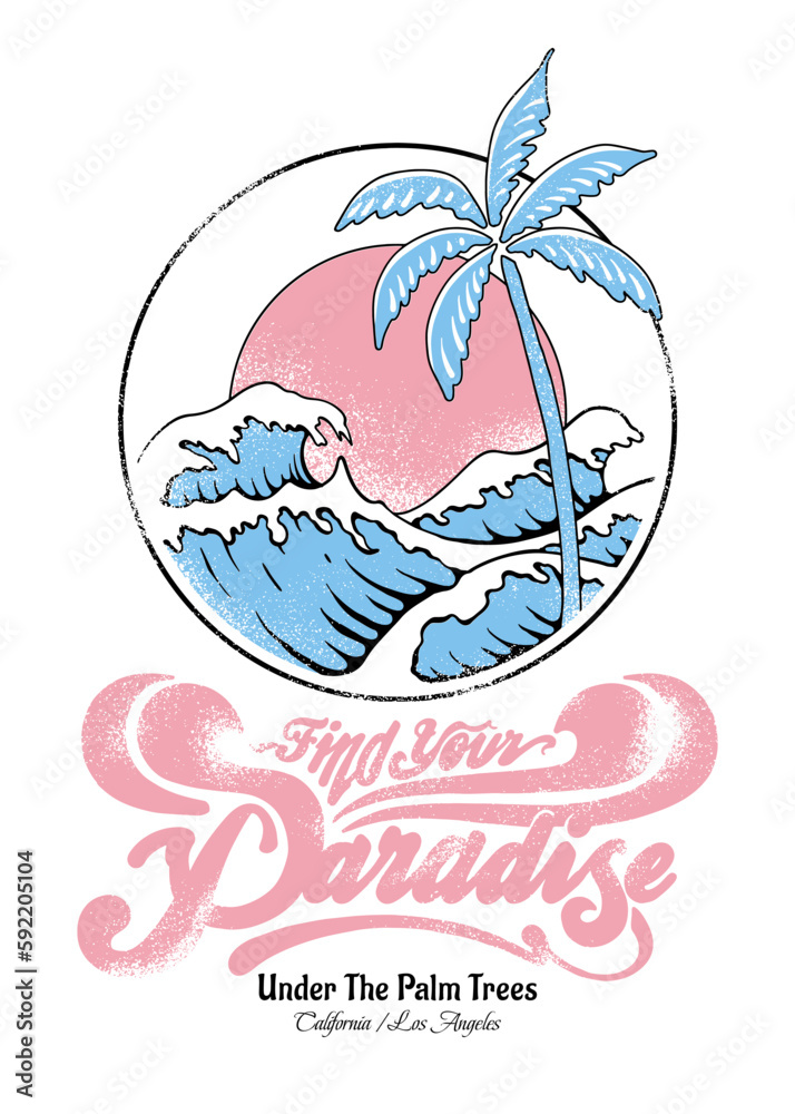 Fototapete this is a hand drawn illustration showcasing a palm tree and waves, accompanied by a retro inspired 