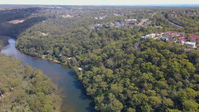 Aerial drone view of Barden Ridge in the Sutherland Shire, Sydney NSW showing Woronora River on a sunny day  