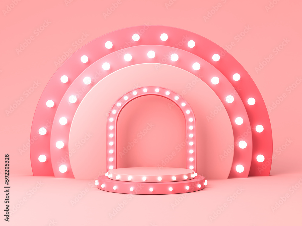 Leinwandbilder blank light pink orange podium pedestal with retro neon light bulbs or blank product display platfor