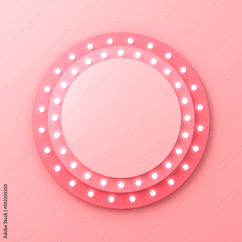 Aufkleber blank pink round signage or round signboard with retro white neon light bulbs isolated on pink orang