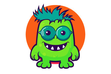 Green cute cartoon monster wearing glasses, vector illustration